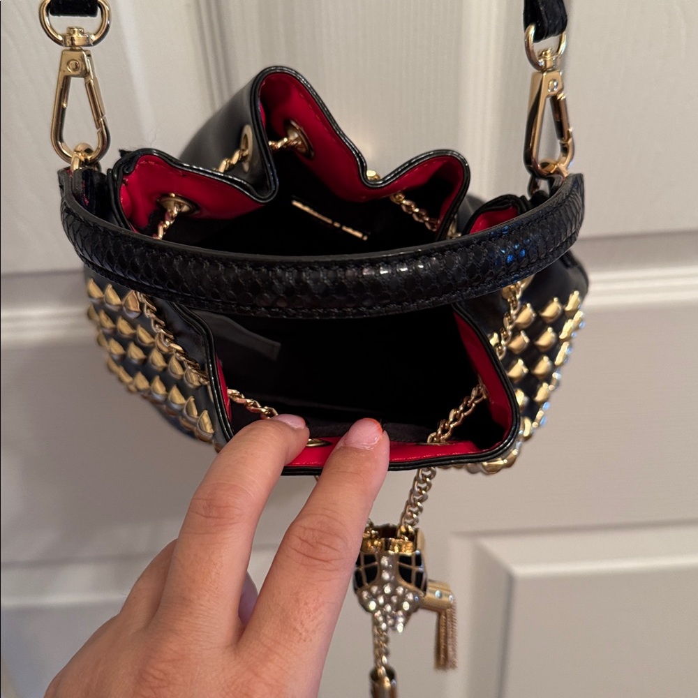 Aldo Black and Gold Snake Studded Bucket Bag with Crossbody Strap - Picture 10 of 12
